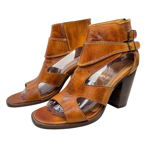 Bed Stu Ida Cage Sandals Womens Size 7.5 Tan Leather Peep Toe Block Heel Boho - Picture 2 of 11